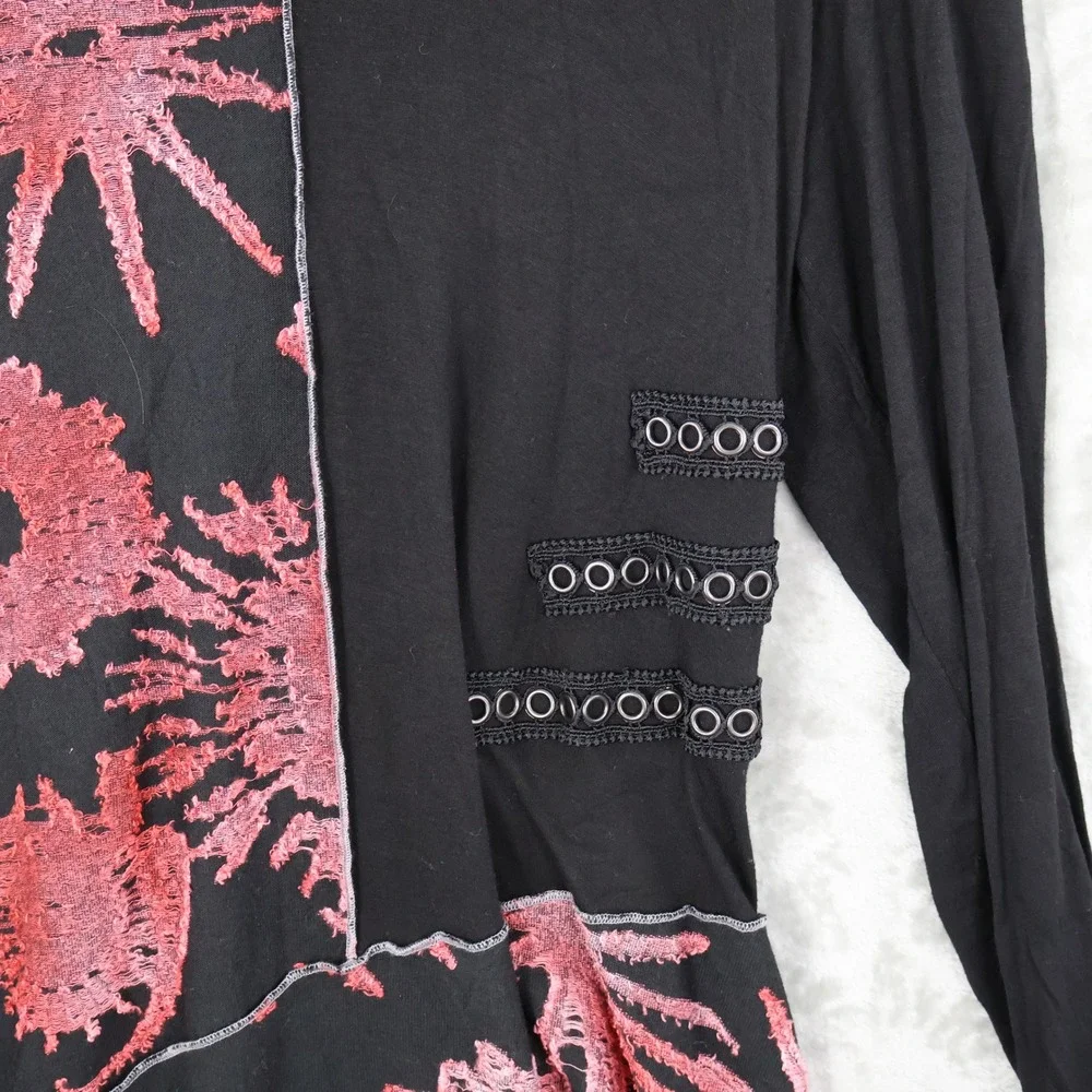 Paris Hues Embroidered Floral Tunic Top Women XL Black Boho Bohemian Art to Wear